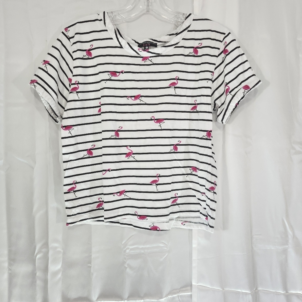 Love Peace & Lazy Days Black and White Striped Crop Tee with Flamingos A…